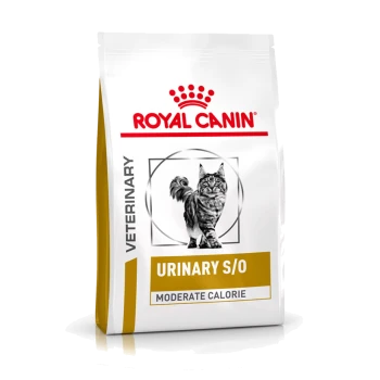 Royal Canin Veterinary Urinary S/O kattenvoer zak, met een grijze tabby kat op de voorkant, gelabeld "Moderate Calorie."