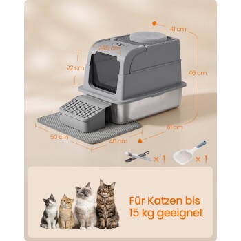 Graue, haubenförmige Katzentoilette auf Matte mit Schaufel und Maßangaben; deutscher Text: 'Für Katzen bis 15 kg geeignet'