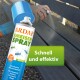 Eine Hand sprüht eine ARDAP Ameisen Spraydose auf eine Holzbank. Die Dose liest "Schnell und effektiv" und "Bei akutem Ameisenbefall."