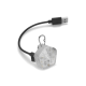Eine klare hexagonale LED-Leuchte mit USB-Ladekabel, ausgestattet mit einem Metallclip zur Befestigung, ideal für die Sichtbarkeit von Haustieren in der Nacht.
