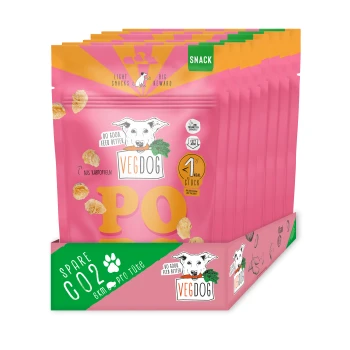 Verpackung von Vegdog-Hundesnacks in Pink, mit dem Text 'PO' und '1 kcal Stück', mit einer Hundillustration und umweltfreundlichen Ansprüchen.