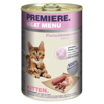 Puszka Premiere Meat Menu dla kociąt z tabby kotem na etykiecie, z tekstem podkreślającym "100% Świeżego Mięsa" i "Formuła Bez Zbóż."