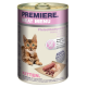 Eine Dose Premiere Meat Menu für Kätzchen mit einer getigerten Katze auf dem Etikett, mit Text, der "100% Frisches Fleisch" und "Getreidefreie Formel" hervorhebt.