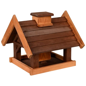 Holz-Hundehütte mit schrägem Dach und Schornstein, ausgestattet mit einem zweifarbigen braunen Finish und offenem Boden für Belüftung.