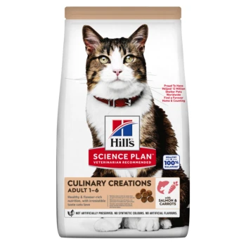 SCIENCE PLAN Culinary Creations Adult Lachs und Karotten 10 kg Hill's Science Plan Culinary Creations Katzenfutterbeutel mit einer Tabby-Katze, beschriftet "Adult 1-6" mit Lachs und Karotten, nahrhaft und schmackhaft.