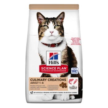 Hill's Science Plan Culinary Creations Katzenfutterbeutel mit einer Tabby-Katze, beschriftet "Adult 1-6" mit Lachs und Karotten, nahrhaft und schmackhaft.