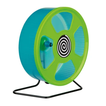 Kunststoff-Laufrad 28 cm Buntes Haustier-Übungsrad mit einem blauen Körper und grünem Rand, das ein spiralförmiges Design in der Mitte aufweist, auf einem schwarzen Ständer.