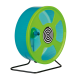 Colorful pet exercise wheel with a blue body and green rim, featuring a spiral design in the center, on a black stand.
