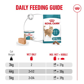 Royal Canin "Daily Feeding Guide" for 11+ senior cats showing kibble bag and wet food with feeding table for 3-5kg cats
