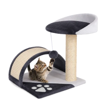 Katzenbaum mit einem Kratzbaum, gemütlichem Platz und einer gebogenen Plattform, mit einem Pfotenabdruckdesign an der Basis.