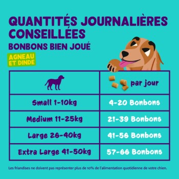 Quantités recommandées quotidiennement pour les friandises "Bonbons Bien Joué" pour chiens, avec un chien en dessin animé et un tableau avec des catégories de poids et des quantités de friandises.