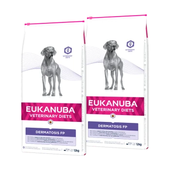 Sacs de nourriture pour chiens Eukanuba Veterinary Diets Dermatosis FP, présentant un chien gris sur le devant, chacun pesant 12 kg.