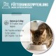 Fütterungsempfehlung für Katzen 3-5 kg: 10 Tropfen zweimal täglich dem Futter hinzufügen, mit Bild einer getigerten Katze, die aus einer Schale frisst.