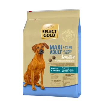 Select Gold dog food bag labeled "MAXI ADULT >25 KG" for dogs over 15 months, featuring salmon and potato ingredients.