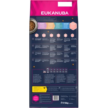 Eukanuba Hundefutter mit Hähnchen-Geschmack für alle Lebensphasen mit Präbiotika, Glucosamin, Antioxidantien und L-Carnitin. Fütterungshinweise enthalten.