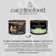 Zwei Dosen Catz Finefood Wildschwein Katzenfutter mit alten und neuen Verpackungsdesigns und Text über 15 Jahre Premiumqualität.