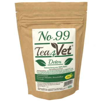Braune Papiertüte mit der Aufschrift "No.99 Tea4Vet Detox", mit grünen Blattgrafiken und Text in deutscher Sprache, der eine 100% natürliche Kräutermischung anzeigt.