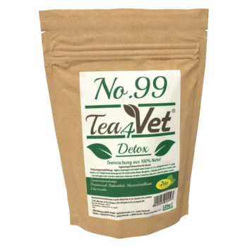 Braune Papiertüte mit der Aufschrift "No.99 Tea4Vet Detox", mit grünen Blattgrafiken und Text in deutscher Sprache, der eine 100% natürliche Kräutermischung anzeigt.