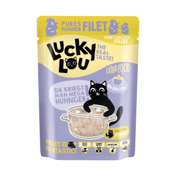 Tüte mit Lucky Lou purem Hühnerfilet Katzenfutter mit einer Cartoon-Schwarzen Katze, einer Schüssel mit Huhn und dem Text "Protein Power."