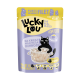 Torba karmy dla kotów Lucky Lou z czystym filetem z kurczaka z rysunkiem czarnego kota, miską kurczaka i tekstem "Protein Power."