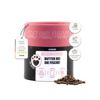 Weicher und leckerer Trainingssnack für Katzen, mit Fisch und Forelle, beschriftet mit "Butter bei die Fische!" mit einer Sternebewertung und wichtigen Vorteilen.