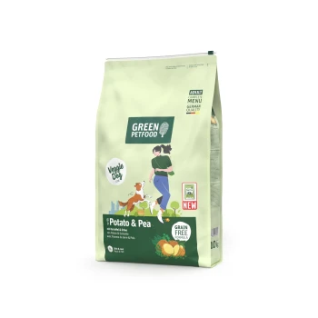 Grüne Petfood-Erwachsenen-Hundefuttertüte mit Kartoffel und Erbse, getreidefrei, Gemüse-Hundelinie, mit Illustration einer Frau und eines Hundes.
