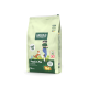 Grüne Petfood-Erwachsenen-Hundefuttertüte mit Kartoffel und Erbse, getreidefrei, Gemüse-Hundelinie, mit Illustration einer Frau und eines Hundes.
