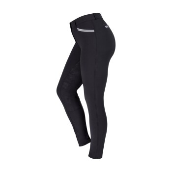 Schwarze Reitleggings mit einem Netzpaneel an der Seite und reflektierenden Streifen am Bund, vor einem weißen Hintergrund präsentiert.