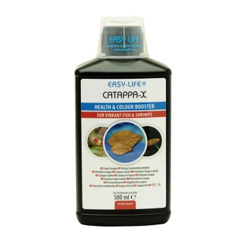 Easylife Catappa X 500 ml Flasche von Easy-Life Catappa-X, ein Gesundheits- und Farbbooster für lebendige Fische und Garnelen, 500 ml, mit Bildern von Fischen und einem Catappa-Blatt.