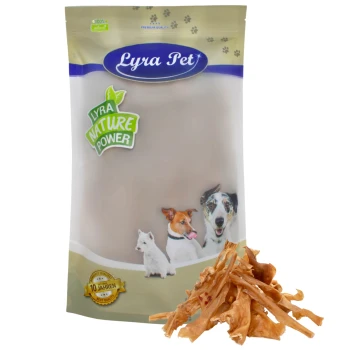 Lammkopfhaut dunkel 1 kg Lyra Pet Hundeleckerlipackung mit einem beigen Beutel mit dem Logo "Lyra Nature Power", Bildern eines Hundes, einer Katze und eines Welpen, mit getrockneten Fleischstreifen davor.