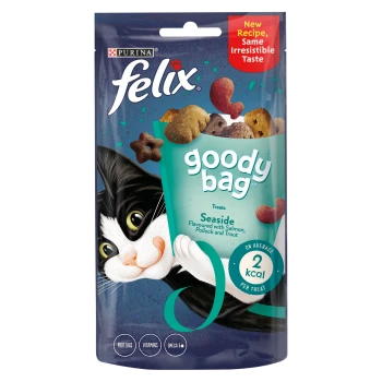 Purina Felix Goody Bag cat treats, "Seaside" flavor with salmon, pollock, trout. Label reads "New Recipe, Same Irresistible Taste."