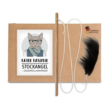 Verpackung eines Katzenspielzeugs mit einer Cartoon-Katze in Brille und Schal, beschriftet mit "KATER KASIMIR STOCKANGEL", mit einem Holzstock und schwarzem Fell.