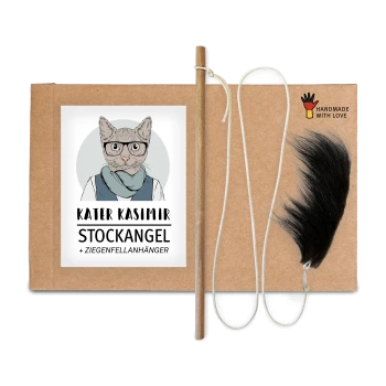 Verpackung eines Katzenspielzeugs mit einer Cartoon-Katze in Brille und Schal, beschriftet mit "KATER KASIMIR STOCKANGEL", mit einem Holzstock und schwarzem Fell.