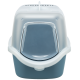 Eine graue und weiße Katzentoilette mit einem transparenten Deckel und einer Vordertür, die für einfachen Zugang und Belüftung konzipiert ist.