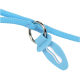 Close-up of a blue pet leash featuring a metal ring and a blue plastic clip for easy attachment.