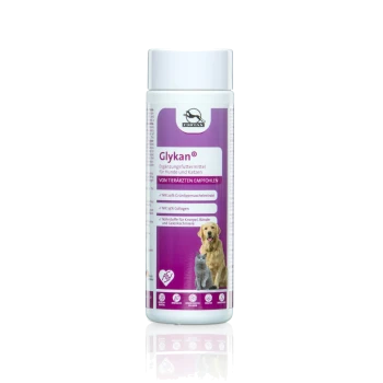 Flasche mit Glykan-Ergänzung für Hunde und Katzen, mit einem Golden Retriever und einer Katze auf dem Etikett, mit Details zu Inhaltsstoffen und Vorteilen.