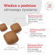 Trzy brązowe granulki karmy z polskim nagłówkiem 'Wiedza u podstaw zdrowego żywienia', informacje żywieniowe i logo Veterinary Nutrition