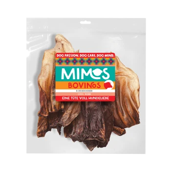 Klare Tüte mit getrockneten Rinderohren für Hunde, beschriftet mit "MIMOS BOVINOS" und deutschem Text "100% Rind" und "Eine Tüte voll Hundeliebe."