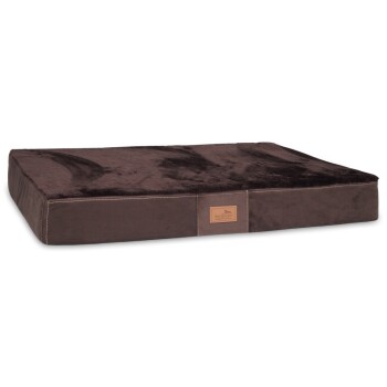 Braunes Haustierbett mit einem plüschigen Oberteil und einem Lederetikett mit dem Markennamen "tierlando."