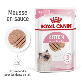 Mousse pour chatons Royal Canin en sauce, 85g x 12, présentant un chat et une texture tendre pour les dents de bébé, étiqueté "Jusqu'à 12 mois."