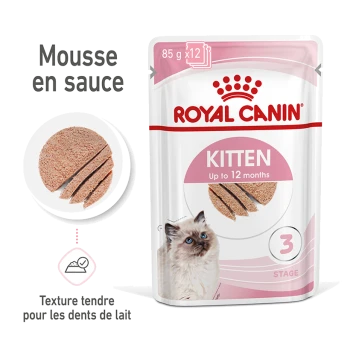 Mousse pour chatons Royal Canin en sauce, 85g x 12, présentant un chat et une texture tendre pour les dents de bébé, étiqueté "Jusqu'à 12 mois."