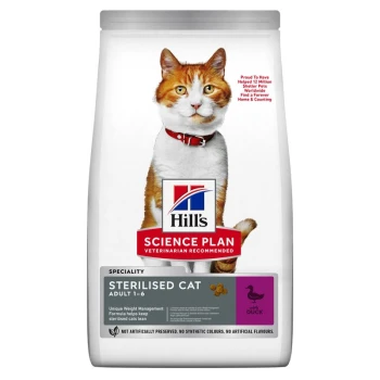 Science Plan Trockenfutter Katze Adult, Sterilised Ente 3 kg Hill's Science Plan Katzenfutterbeutel mit einer orange-weißen Katze auf der Vorderseite, beschriftet mit "Sterilised Cat Adult 1-6" mit Ente.