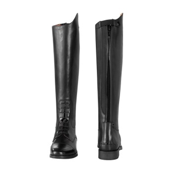 Schwarze Lederreitstiefel mit einer Schnürung vorne und einem seitlichen Reißverschluss, die ein schlankes Design und eine robuste Sohle zeigen.