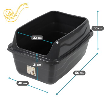 Dunkelgraue Katzentoilette mit hohem Rand und Frontöffnung, Maßangaben (56, 40, 30, 23, 21 cm) und kleinem 'GarPet'-Aufkleber