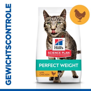 Hill's Science Plan kattenvoerzak met een tabby kat die zijn lippen likt, gelabeld 'Perfect Weight' met kip, en 'Veterinair Aanbevolen.'