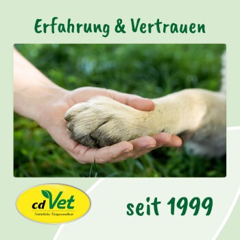 Eine menschliche Hand hält sanft die Pfote eines Hundes, was Vertrauen und Kameradschaft symbolisiert, mit dem Text "Erfahrung & Vertrauen seit 1999" und dem cdVet-Logo.