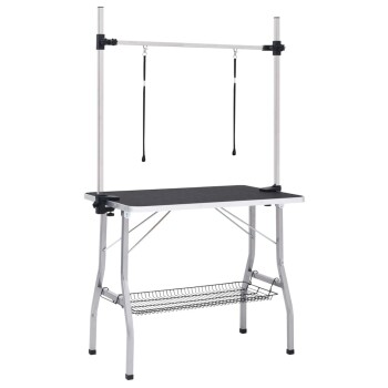 Haustierpflege-Tisch mit verstellbarem Arm und zwei Pflege-Schlaufen, mit einer stabilen schwarzen Oberfläche und einem Drahtregal darunter.