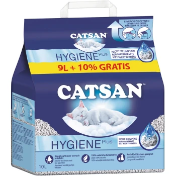 Catsan Hygiene Plus Katzenstreu Verpackung, mit einer schlafenden weißen Katze auf einer Wolke, mit dem Text '9L + 10% gratis' und einer nicht klumpenden Formel.