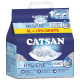 Catsan Hygiene Plus Katzenstreu Verpackung, mit einer schlafenden weißen Katze auf einer Wolke, mit dem Text '9L + 10% gratis' und einer nicht klumpenden Formel.
