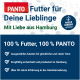 PANTO-Hundefutter-Werbung mit dem Slogan "Futter für Deine Lieblinge" und Hinweisen zu hochwertigen Zutaten und Produktion in Hamburg.